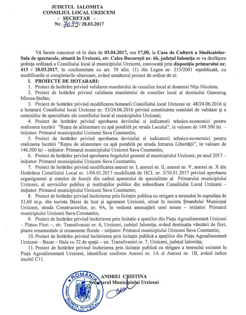 convocare consiliul local urziceni